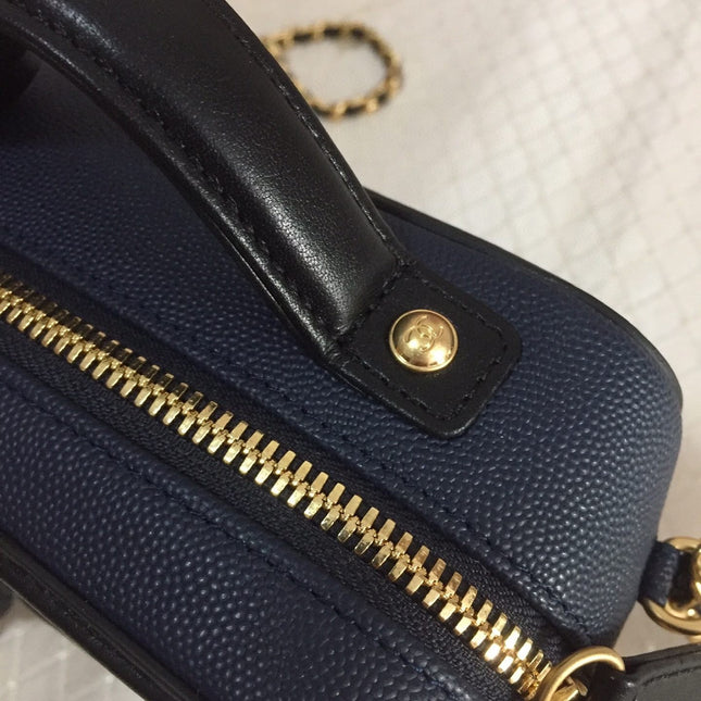 CC MINI 17 VANITY CASE IN AEGEAN BLUE MIX BLACK CALFSKIN GOLD HARDWARE