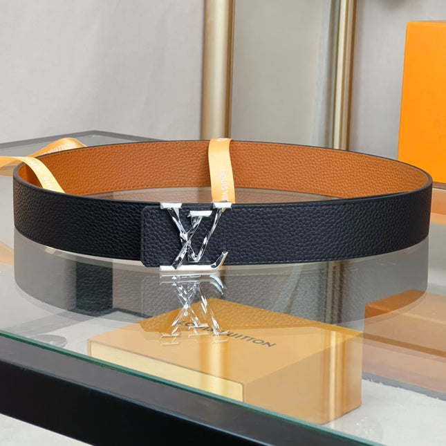 BELT PYRAMIDE TWISTED 40MM REVERSIBLE IN BLACK AND BROWN CALFSKIN WITH SILVER BUCKLE