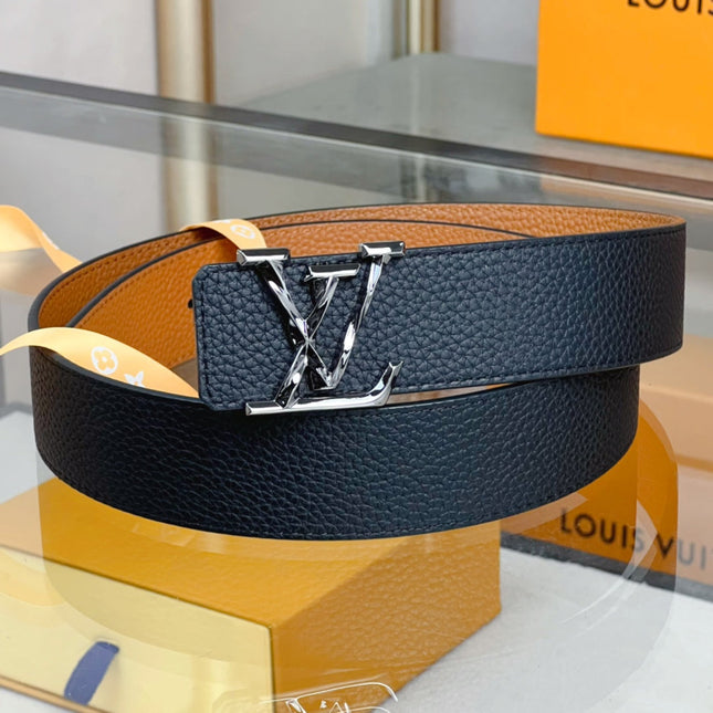 BELT PYRAMIDE TWISTED 40MM REVERSIBLE IN BLACK AND BROWN CALFSKIN WITH GREY BUCKLE