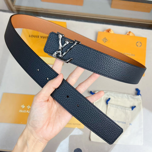 BELT PYRAMIDE TWISTED 40MM REVERSIBLE IN BLACK AND BROWN CALFSKIN WITH GREY BUCKLE