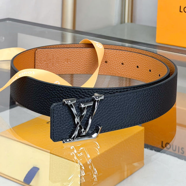 BELT PYRAMIDE TWISTED 40MM REVERSIBLE IN BLACK AND BROWN CALFSKIN WITH GREY BUCKLE
