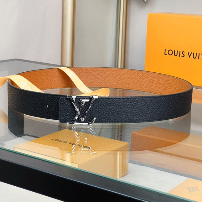 BELT PYRAMIDE TWISTED 40MM REVERSIBLE IN BLACK AND BROWN CALFSKIN WITH GREY BUCKLE