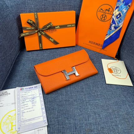 HM CLUTCH CONSTANCE 22 ORANGE CALFSKIN SILVER HARDWARE