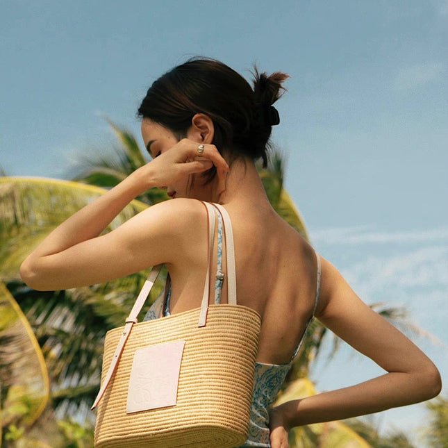 SMALL SQUARE  28 BASKET BAG IN RAFFIA AND WHITE CALFSKIN