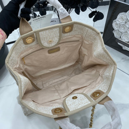 CC DEAUVILLE LARGE 38 TOTE BAG IN BEIGE CANVAS GOLD HARDWARE
