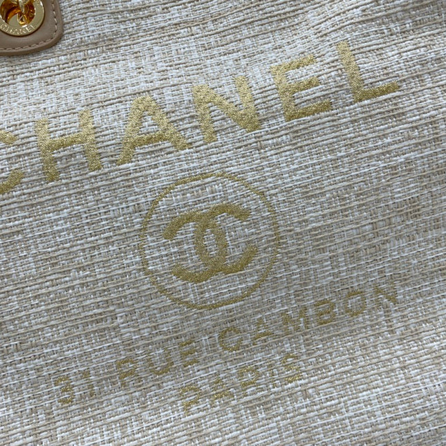 CC DEAUVILLE LARGE 38 TOTE BAG IN BEIGE CANVAS GOLD HARDWARE