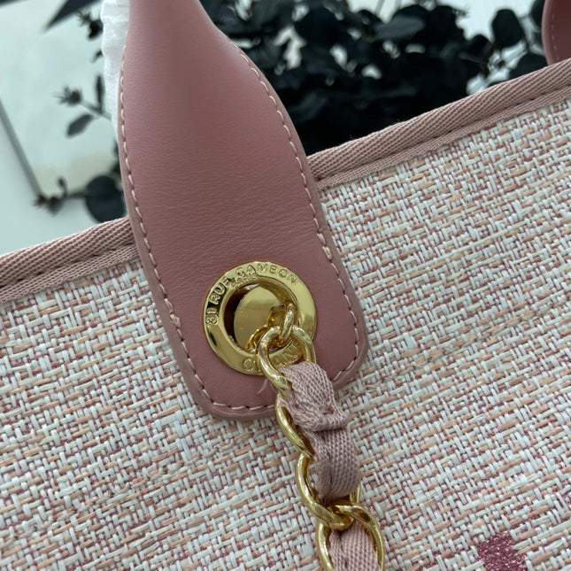 CC DEAUVILLE LARGE 38 TOTE BAG IN LIGHT PINK CANVAS GOLD HARDWARE
