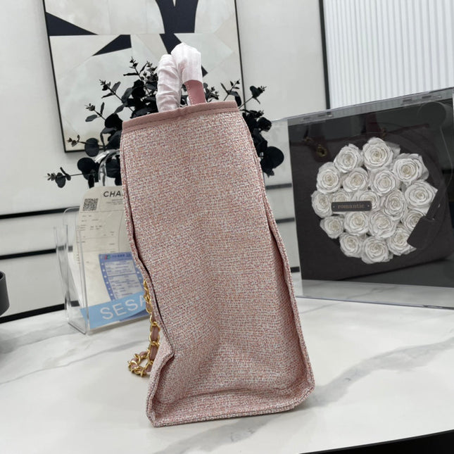 CC DEAUVILLE LARGE 38 TOTE BAG IN LIGHT PINK CANVAS GOLD HARDWARE
