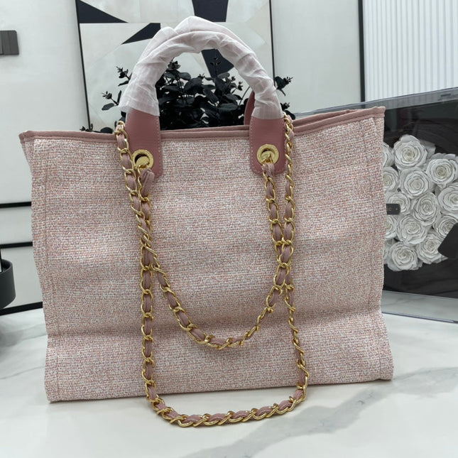 CC DEAUVILLE LARGE 38 TOTE BAG IN LIGHT PINK CANVAS GOLD HARDWARE