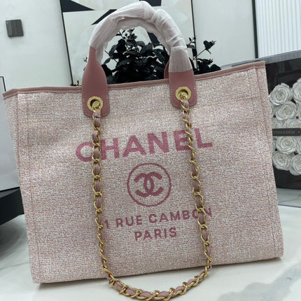 CC DEAUVILLE LARGE 38 TOTE BAG IN LIGHT PINK CANVAS GOLD HARDWARE