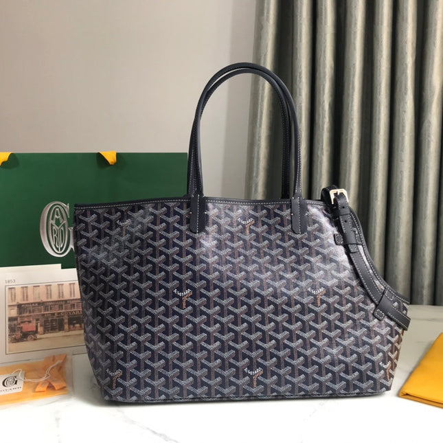 CHIEN GRIS BAG 33 IN NAVY BLUE GOYARDINE CANVAS AND TAN CALFSKIN TRIM