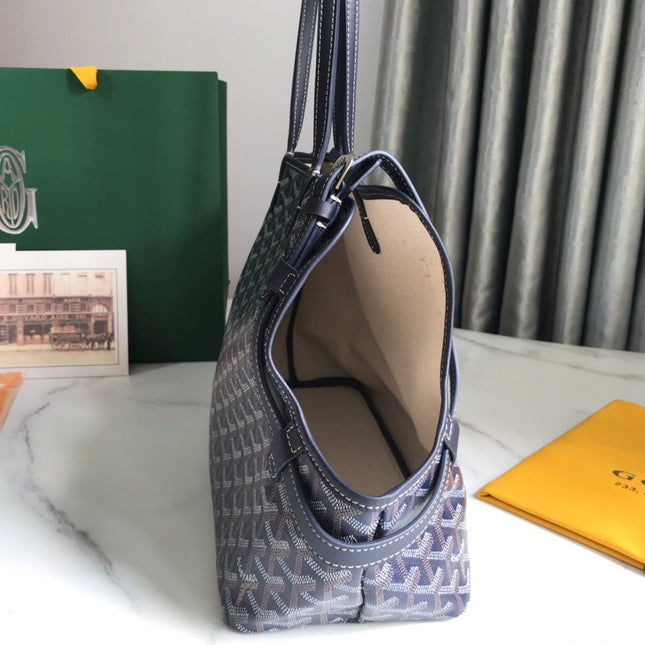 CHIEN GRIS BAG 33 IN NAVY BLUE GOYARDINE CANVAS AND TAN CALFSKIN TRIM