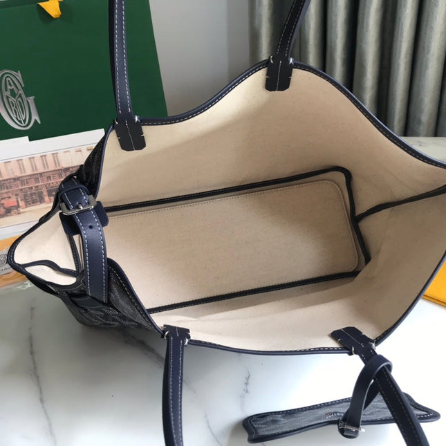 CHIEN GRIS BAG 33 IN NAVY BLUE GOYARDINE CANVAS AND TAN CALFSKIN TRIM