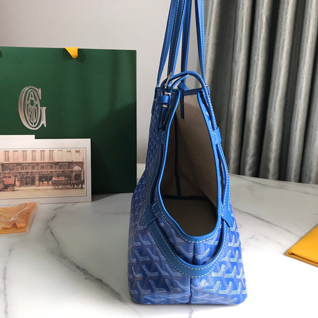 CHIEN GRIS BAG 33 IN SAPPHIRE BLUE GOYARDINE CANVAS AND TAN CALFSKIN TRIM