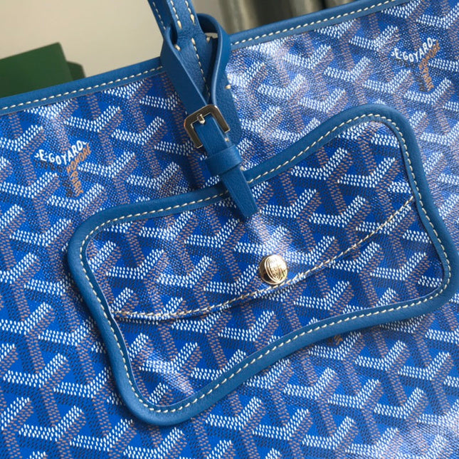 CHIEN GRIS BAG 33 IN SAPPHIRE BLUE GOYARDINE CANVAS AND TAN CALFSKIN TRIM