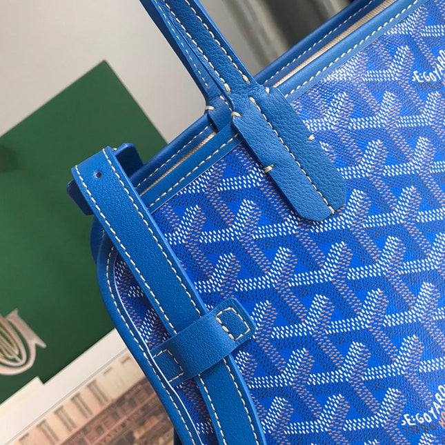 CHIEN GRIS BAG 33 IN SAPPHIRE BLUE GOYARDINE CANVAS AND TAN CALFSKIN TRIM