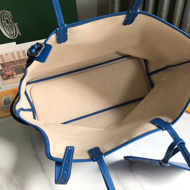 CHIEN GRIS BAG 33 IN SAPPHIRE BLUE GOYARDINE CANVAS AND TAN CALFSKIN TRIM