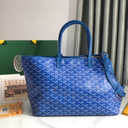 CHIEN GRIS BAG 33 IN SAPPHIRE BLUE GOYARDINE CANVAS AND TAN CALFSKIN TRIM