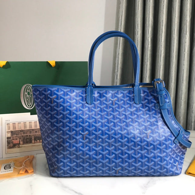 CHIEN GRIS BAG 33 IN SAPPHIRE BLUE GOYARDINE CANVAS AND TAN CALFSKIN TRIM