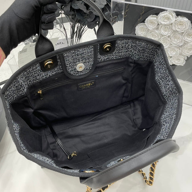 CC DEAUVILLE LARGE 38 TOTE BAG IN BLACK CANVAS GOLD HARDWARE