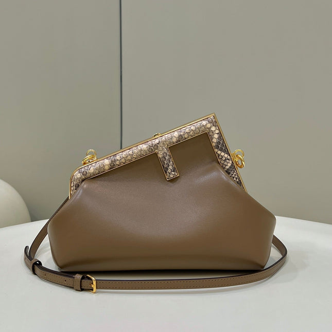 FENDI FIRST SMALL 26 COFFEE BROWN LEATHER BAG WITH EXOTIC DETAILS