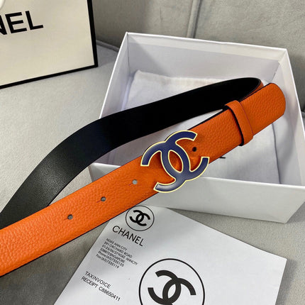 CC 30MM BELT IN FIRE ORANGE GRAINED CALFSKIN WITH NAVY BLUE METAL LOGO