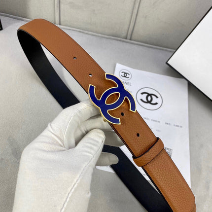 CC 30MM BELT IN BRONZE BROWN GRAINED CALFSKIN WITH NAVY BLUE METAL LOGO