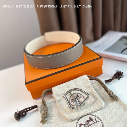 BOUCLE BELT BUCKLE & REVERSIBLE KHAKI BROWN AND WHITE LEATHER STRAP 38MM SILVER HARDWARE