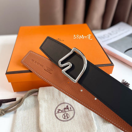 BOUCLE BELT BUCKLE & REVERSIBLE GINGER ORANGE AND BLACK LEATHER STRAP 38MM SILVER HARDWARE
