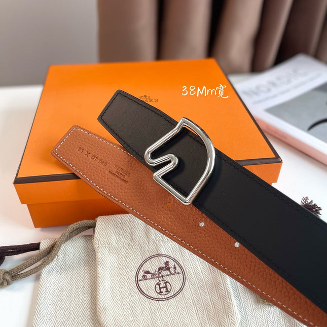 BOUCLE BELT BUCKLE & REVERSIBLE GINGER ORANGE AND BLACK LEATHER STRAP 38MM SILVER HARDWARE