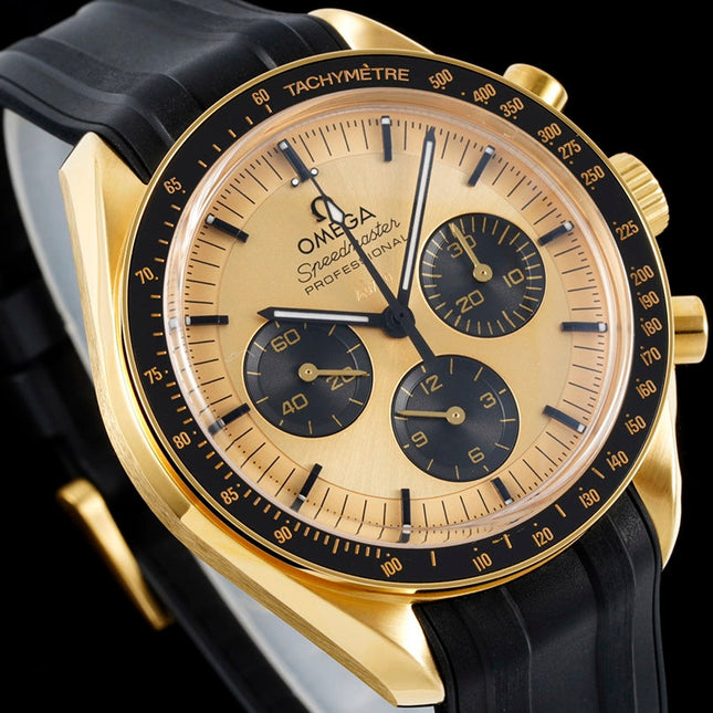 SPEEDMASTER MOONWATCH PROFESSIONAL 42 MM GOLD CASE ON BLACK LEATHER STRAP