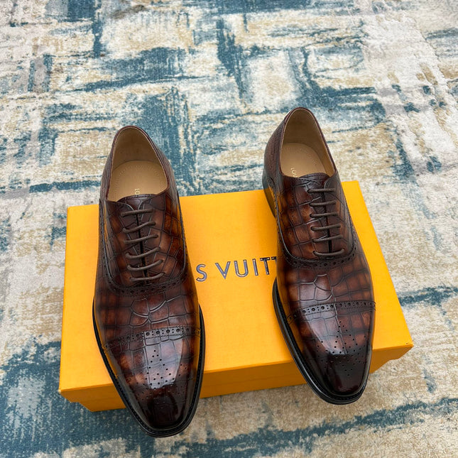 LV LACE-UP SHOES IN BROWN CROCODILE CALFSKIN