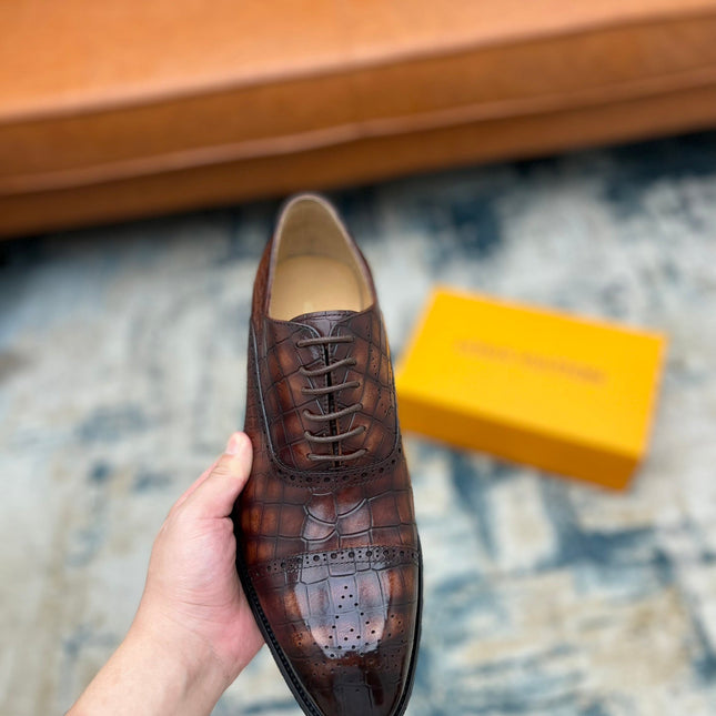 LV LACE-UP SHOES IN BROWN CROCODILE CALFSKIN