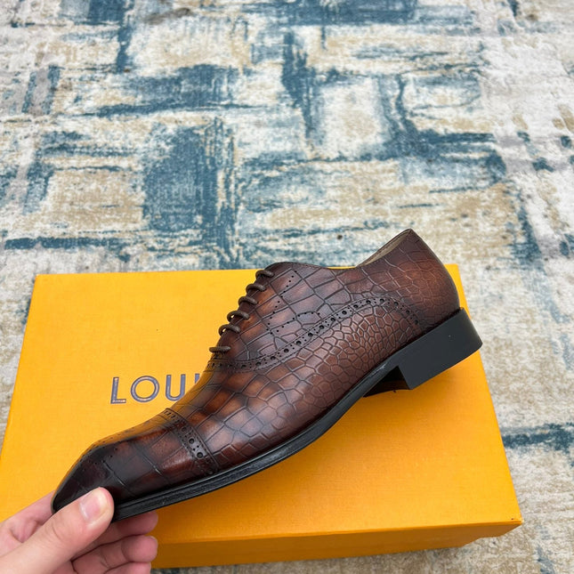 LV LACE-UP SHOES IN BROWN CROCODILE CALFSKIN