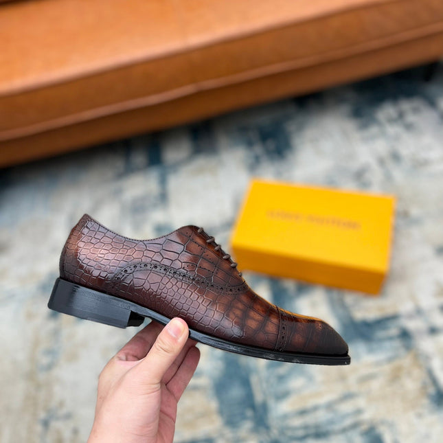 LV LACE-UP SHOES IN BROWN CROCODILE CALFSKIN