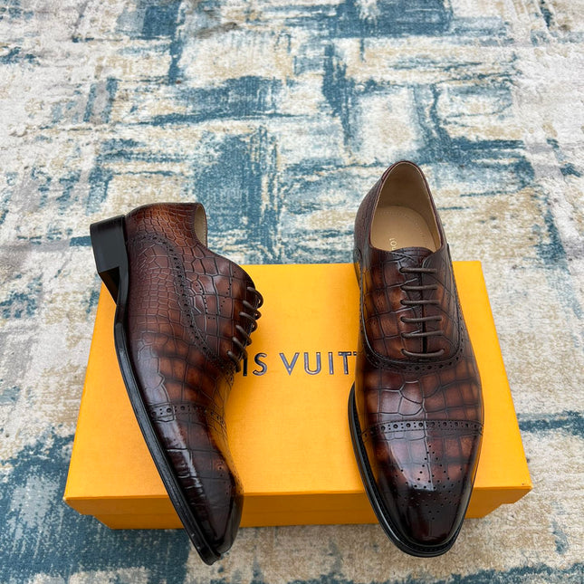 LV LACE-UP SHOES IN BROWN CROCODILE CALFSKIN