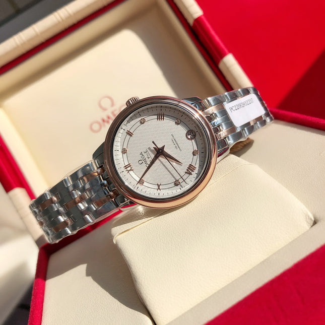 DE VILLE PRESTIGE WATCH SILVER AND ROSE GOLD CASE WITH WHITE DIAL