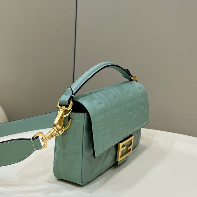 BAGUETTE WITH FF MOTIF 27 IN VIRIDIAN GREEN SOFT LAMBSKIN GOLD HARDWARE