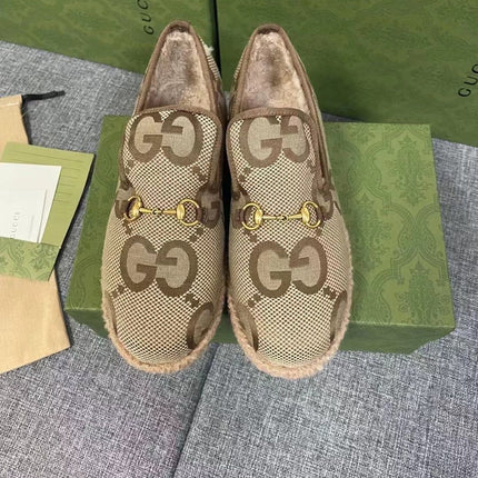 GG HORSEBIT LOAFER IN ECRU BEIGE WOVEN FABRIC AND WOOL MIX LAMB FUR LINING