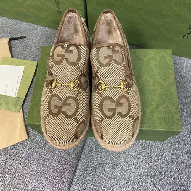 GG HORSEBIT LOAFER IN ECRU BEIGE WOVEN FABRIC AND WOOL MIX LAMB FUR LINING
