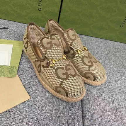 GG HORSEBIT LOAFER IN ECRU BEIGE WOVEN FABRIC AND WOOL MIX LAMB FUR LINING