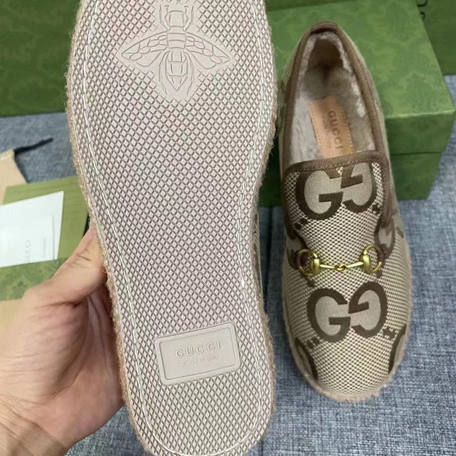 GG HORSEBIT LOAFER IN ECRU BEIGE WOVEN FABRIC AND WOOL MIX LAMB FUR LINING