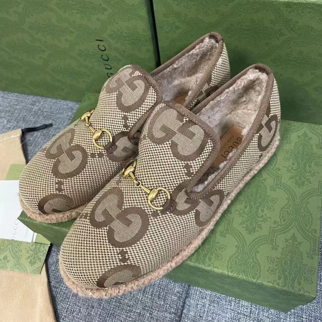 GG HORSEBIT LOAFER IN ECRU BEIGE WOVEN FABRIC AND WOOL MIX LAMB FUR LINING