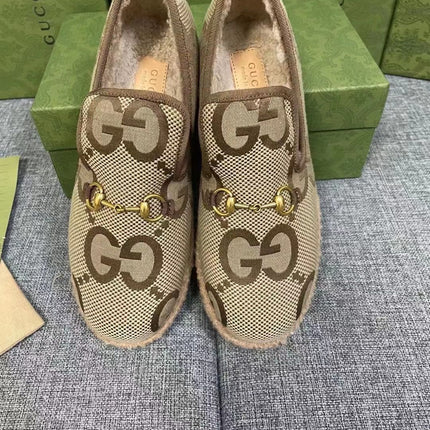 GG HORSEBIT LOAFER IN ECRU BEIGE WOVEN FABRIC AND WOOL MIX LAMB FUR LINING