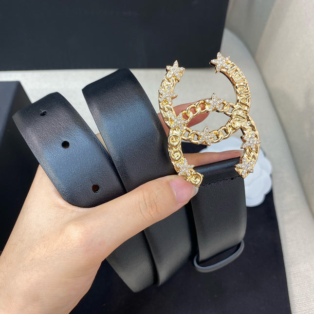 CC BELT 30 MM IN BLACK CALFSKIN WITH GOLD BUCKLE HARDWARE