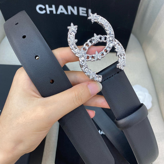CC BELT 30 MM IN BLACK CALFSKIN WITH SILVER BUCKLE HARDWARE