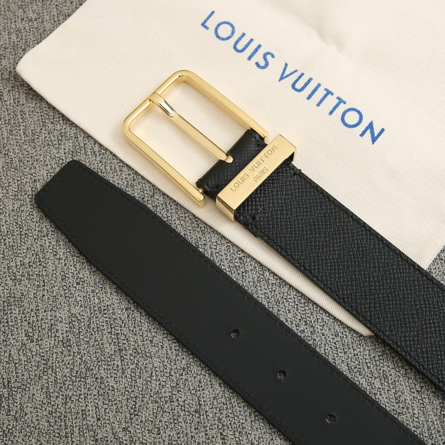 BELT VENDOME 35CM IN BLACK SMOOTH CALFSKIN WITH GOLD LV LETTER BUCKLE