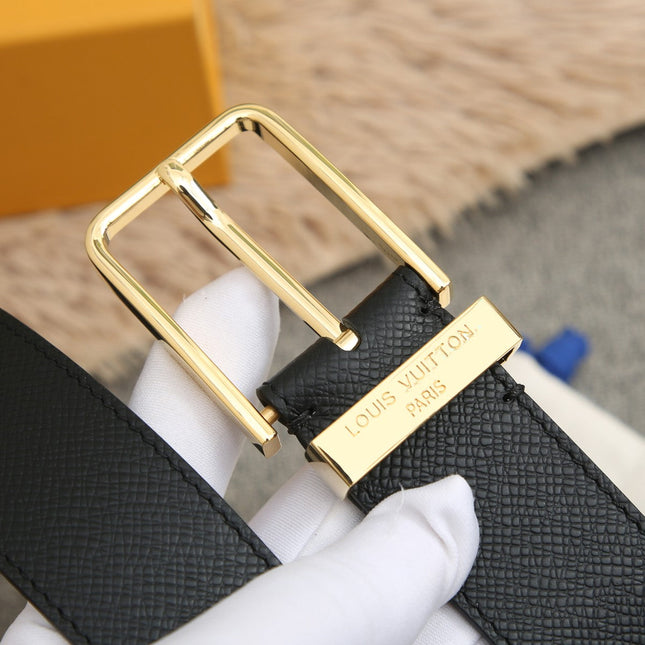 BELT VENDOME 35CM IN BLACK SMOOTH CALFSKIN WITH GOLD LV LETTER BUCKLE