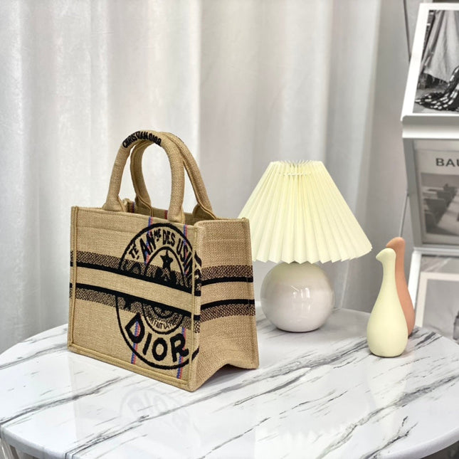 SHOPPING BAG 26 IN BEIGE AND BLACK EMBROIDERED CANVAS