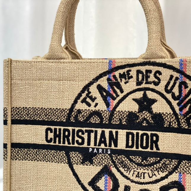 SHOPPING BAG 26 IN BEIGE AND BLACK EMBROIDERED CANVAS
